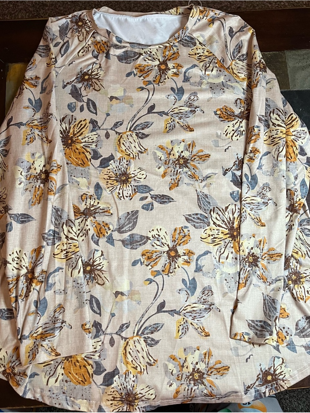 SHEIN Cream Floral Long Sleeve Tee with Mustard & Gray Accents
